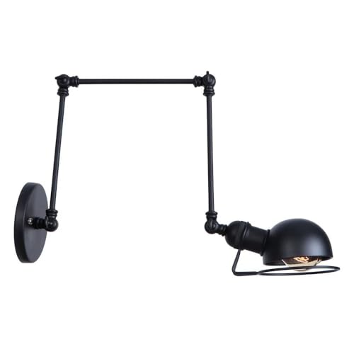 Adjustable Industrial Swing Arm Wall Sconce - 1-Light Black Finish Lighting Fixture with Rotatable Brass Arm for Living Room, Bedroom, Hallway, and Foyer(Light Color)