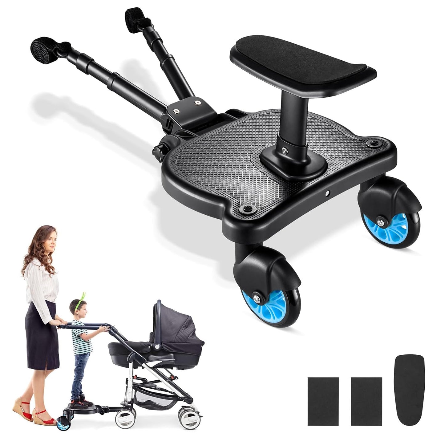 Universal Stroller Board with Replaceable Seat, 2 in 1 Sit and Stand Stroller Board, Stroller Standing Board, Stroller Attachment for Toddler to Ride, Holds Children Up to 55lbs (Blue)