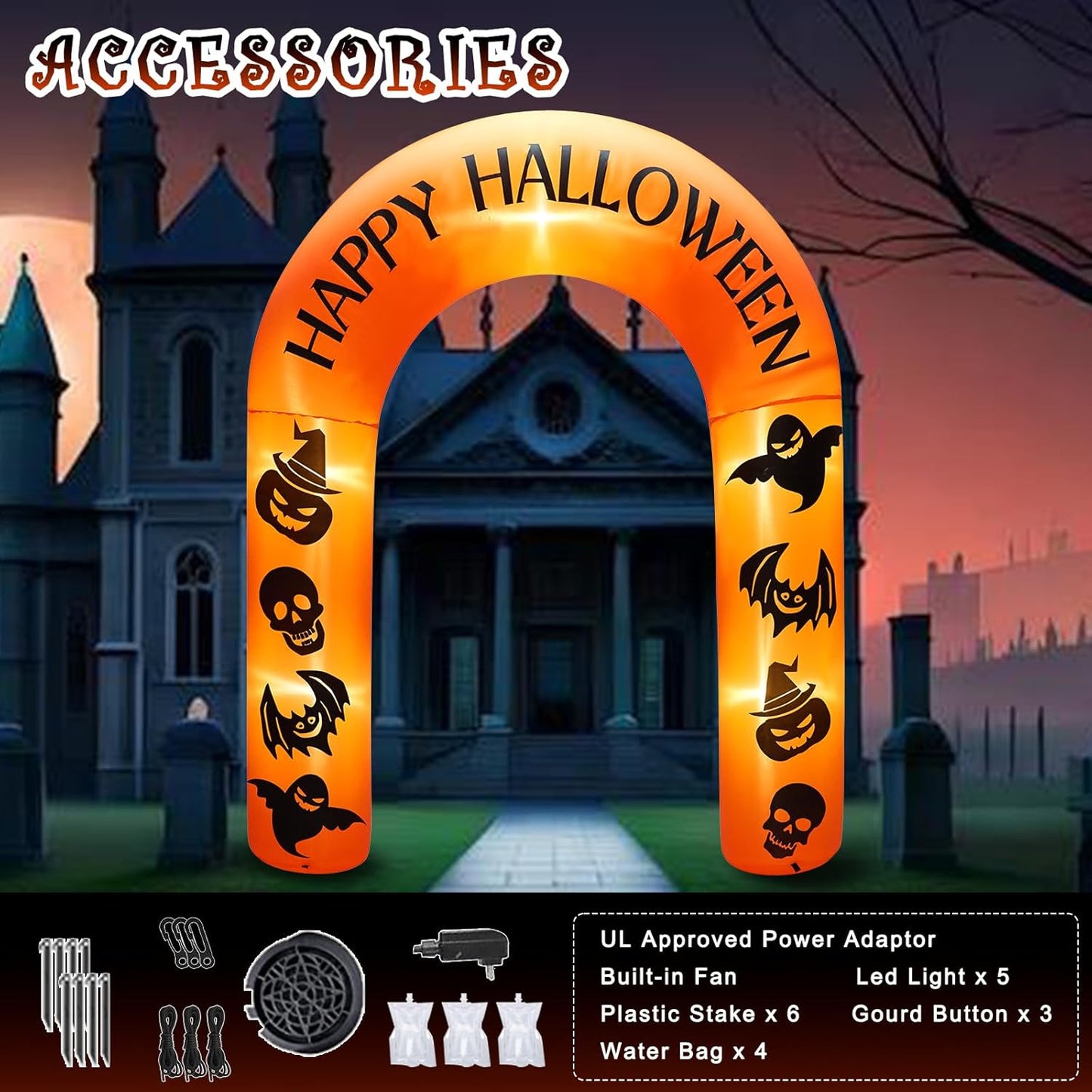8 FT Giant Halloween Inflatable Pumpkin Arch Outdoor Decoration,Halloween Blow Up Archway Yard Decorations for Halloween Holidays Parties(Printing with Witch Hat Pumpkin and Skull, Bats