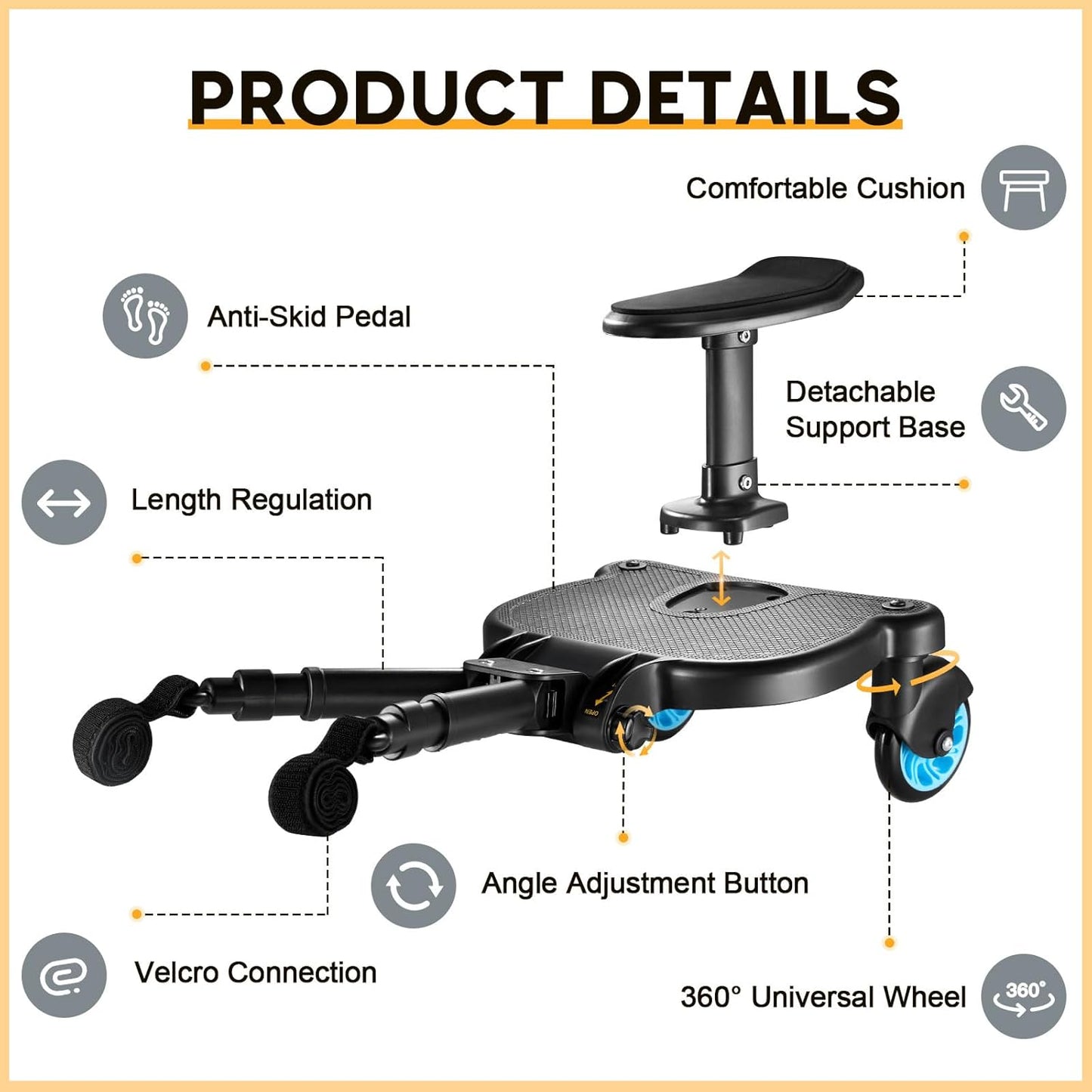 Universal Stroller Board with Replaceable Seat, 2 in 1 Sit and Stand Stroller Board, Stroller Standing Board, Stroller Attachment for Toddler to Ride, Holds Children Up to 55lbs (Blue)