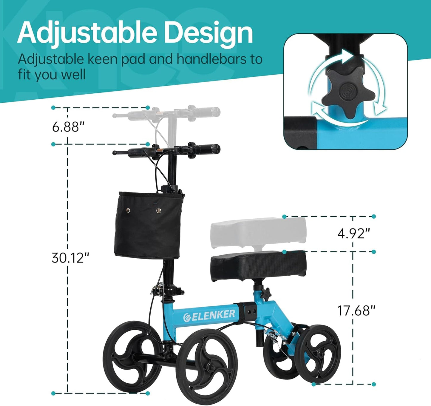 ELENKER Steerable Knee Walker Deluxe Medical Scooter for Foot Injuries Compact Crutches Alternative Sky Blue