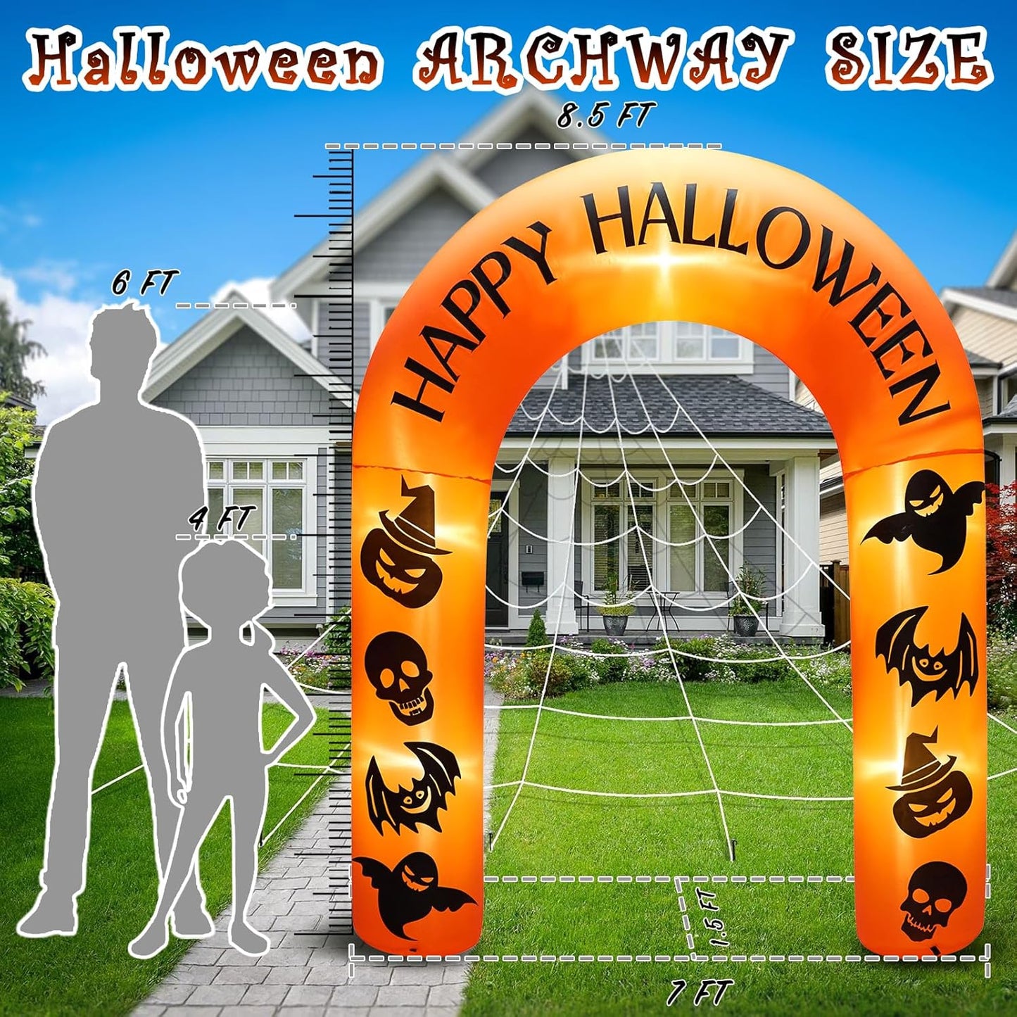 8 FT Giant Halloween Inflatable Pumpkin Arch Outdoor Decoration,Halloween Blow Up Archway Yard Decorations for Halloween Holidays Parties(Printing with Witch Hat Pumpkin and Skull, Bats