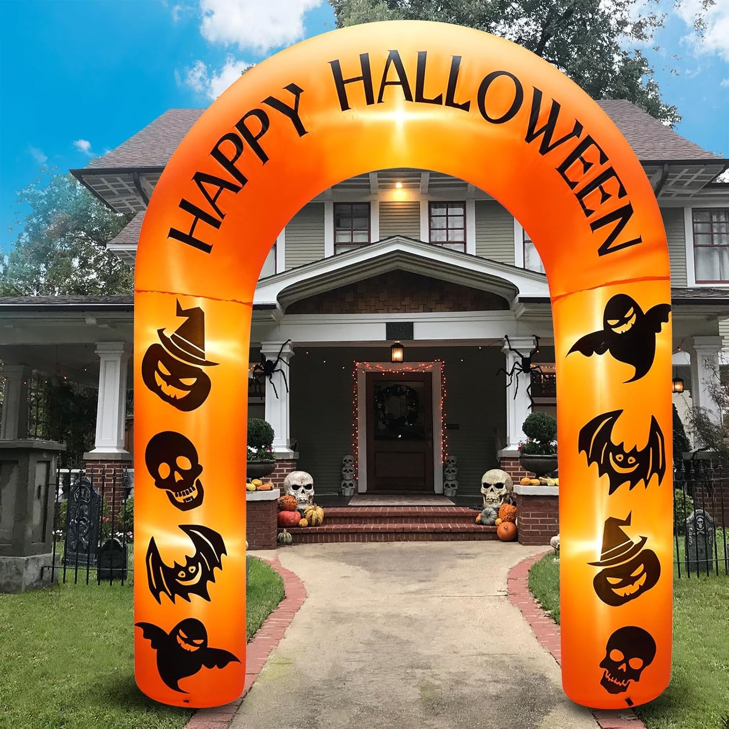8 FT Giant Halloween Inflatable Pumpkin Arch Outdoor Decoration,Halloween Blow Up Archway Yard Decorations for Halloween Holidays Parties(Printing with Witch Hat Pumpkin and Skull, Bats