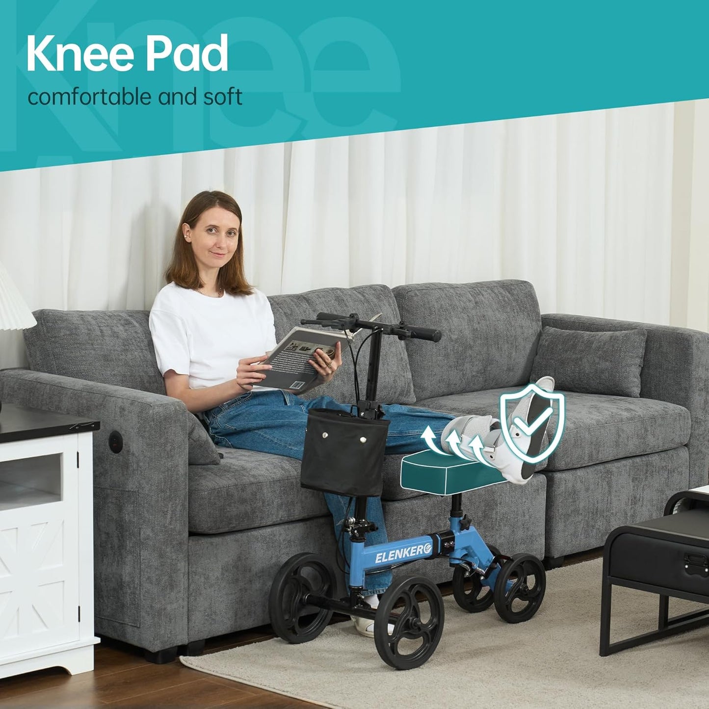 ELENKER Steerable Knee Walker Deluxe Medical Scooter for Foot Injuries Compact Crutches Alternative Sky Blue