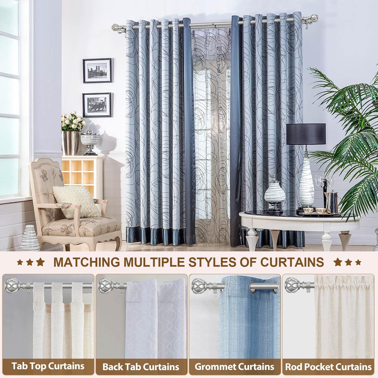 KAMANINA 1 Inch Double Curtain Rods for Windows 72 to 144 Inches (6-12 Feet), Silver Heavy Duty Double Curtain Rod, Telescoping Drapery Rod with Netted Texture Finials