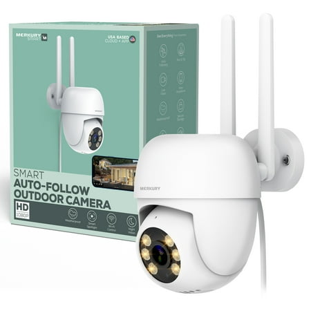 Merkury Innovations Smart Outdoor Auto-Follow Camera, Wi-Fi PTZ Cam, 1080p HD, White