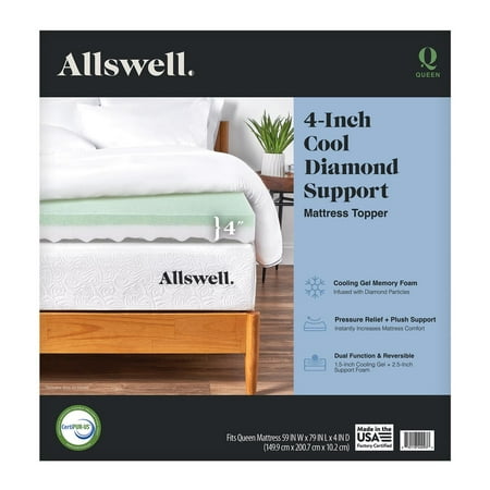 Allswell 4” Memory Foam Mattress Topper Infused with Cooling Diamond Gel, Queen