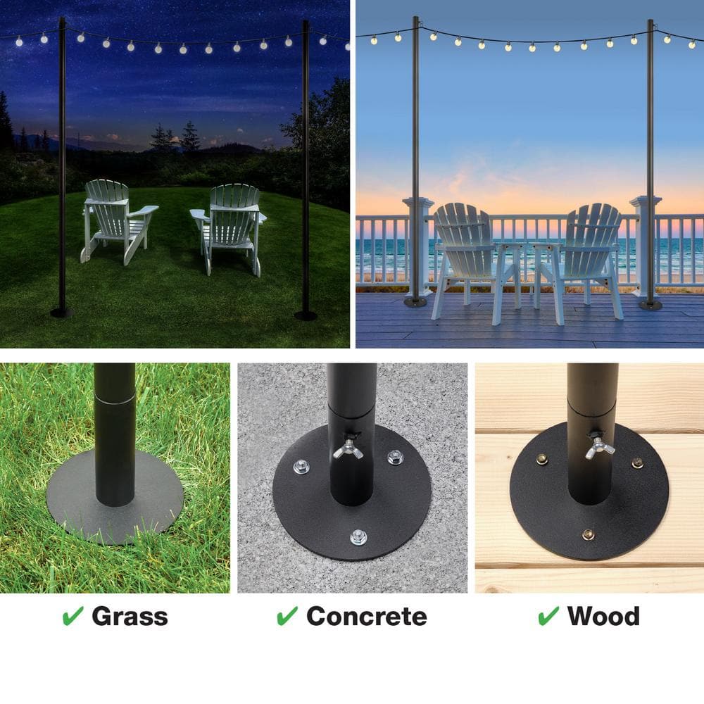 Four 10ft. Outdoor String Light Poles with 100-Light 100 ft. LED Plug-in Globe Bulb String Lights