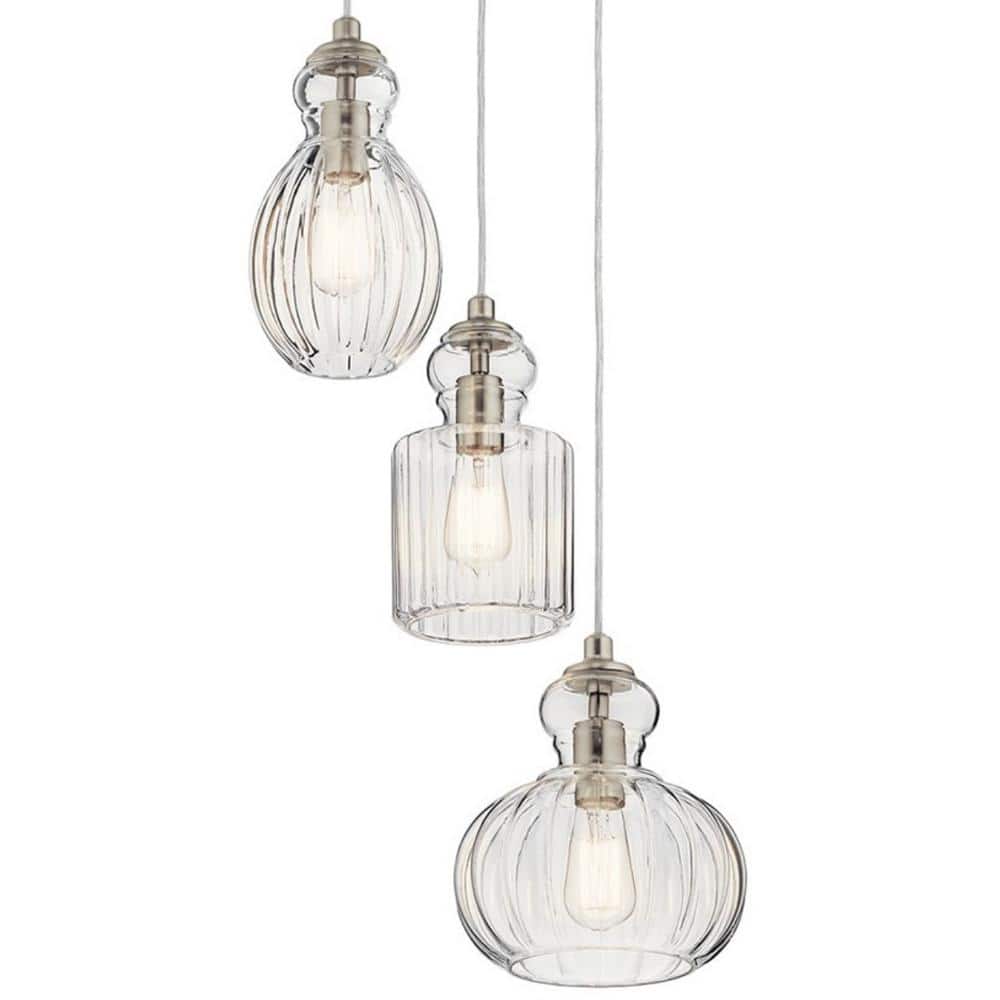 Riviera 3-Light Brushed Nickel Transitional Shaded Kitchen Cluster Pendant Hanging Light with Clear Ribbed Glass