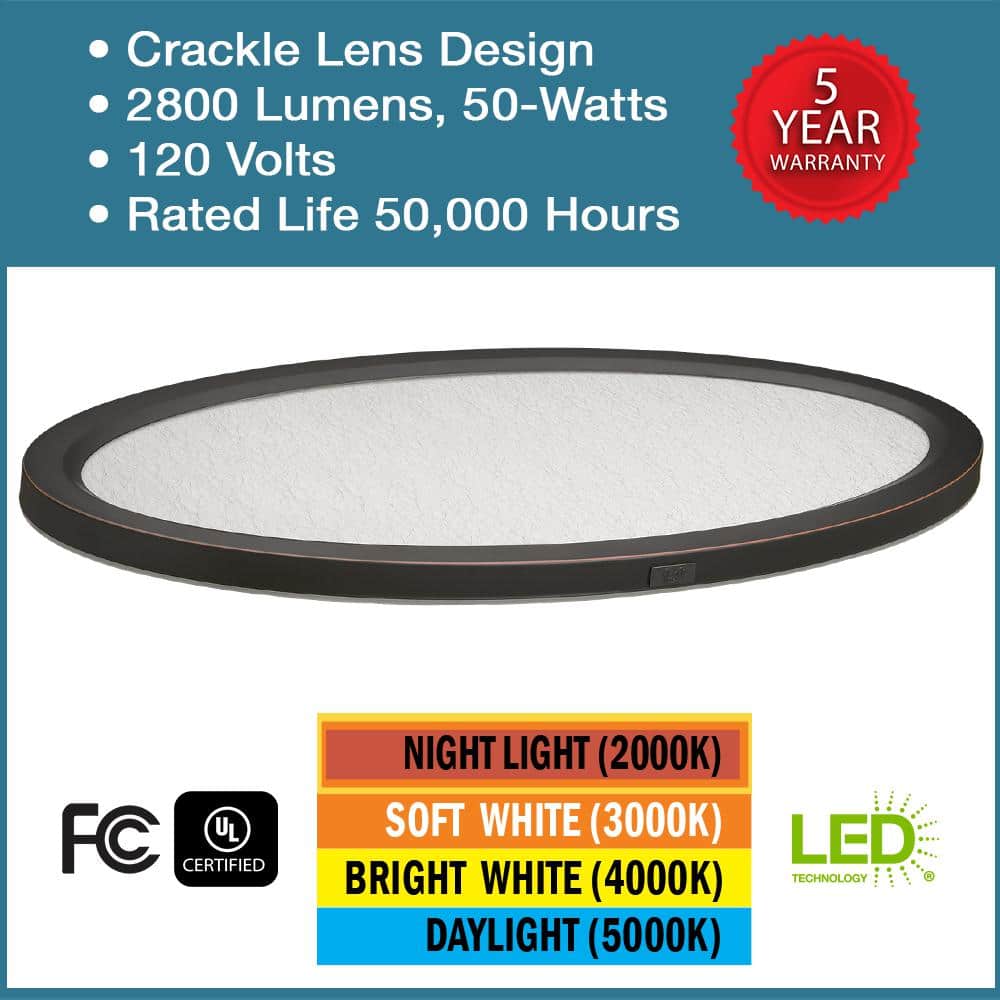 32 in. Low Profile Oval Oil Rubbed Bronze Faux Crackle Lens LED Flush Mount with Night Light Trim Adjustable CCT