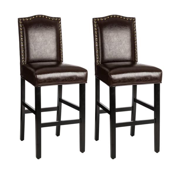 45 in. H Coffee Bonded Leather High-Back Barchair with Studded Decor (Set of 2)