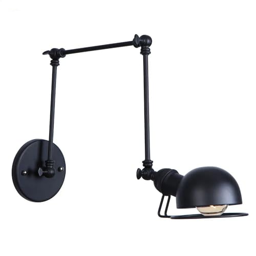 Adjustable Industrial Swing Arm Wall Sconce - 1-Light Black Finish Lighting Fixture with Rotatable Brass Arm for Living Room, Bedroom, Hallway, and Foyer(Light Color)