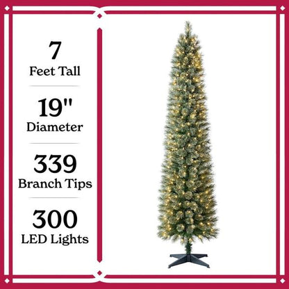 7 FT Pre-Lit Green Slim Pencil Christmas Tree Hinged Holiday Decoration W Lights