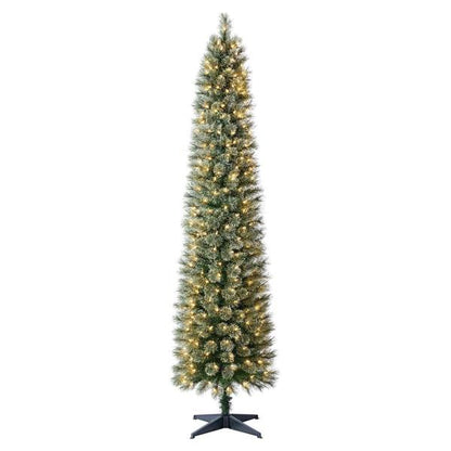 7 FT Pre-Lit Green Slim Pencil Christmas Tree Hinged Holiday Decoration W Lights