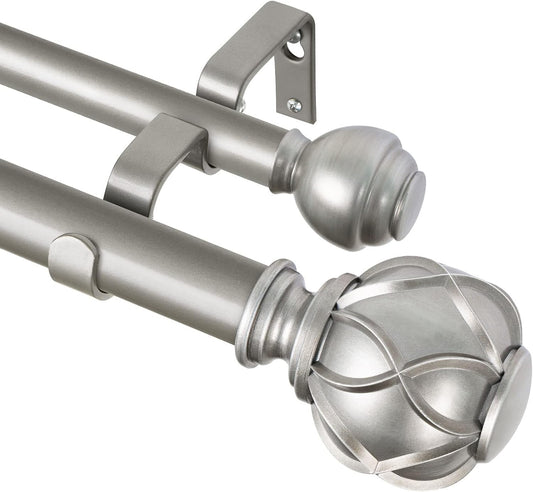 KAMANINA 1 Inch Double Curtain Rods for Windows 72 to 144 Inches (6-12 Feet), Silver Heavy Duty Double Curtain Rod, Telescoping Drapery Rod with Netted Texture Finials