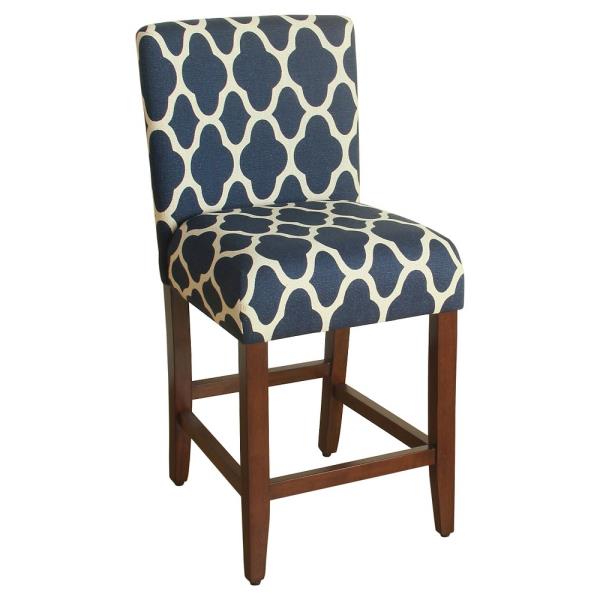 Wooden 24 Inch Counter Height Stool with Quatrefoil Pattern Fabric Upholstery  Blue and White- Saltoro Sherpi