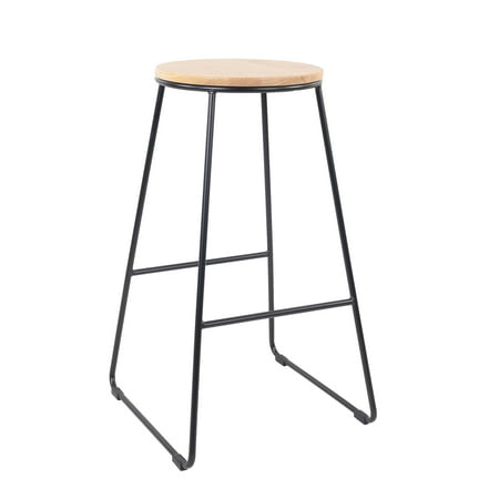 Mainstays 28"H Backless Stool Black Metal Base with Natural Wood Seat