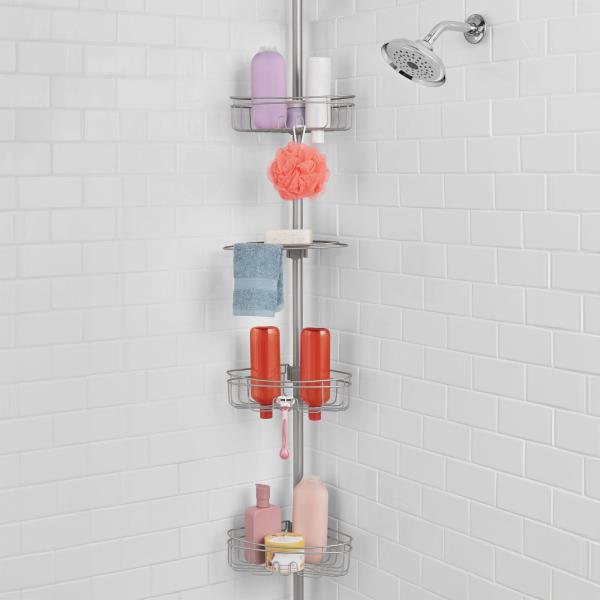 Tension Rod Shower Caddy, Rust-Resistant 3 Tier Corner Pole Caddy, 5 - 8 Ft.