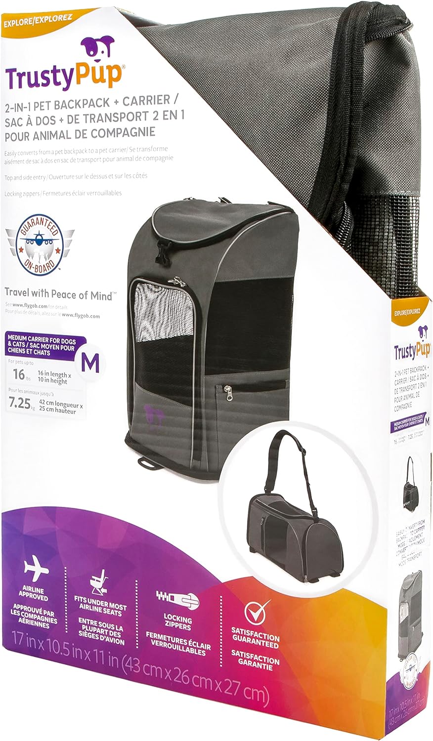 2-in-1 Pet Backpack Travel Carrier, Airline Approved & Guaranteed On Board - Gray, Medium