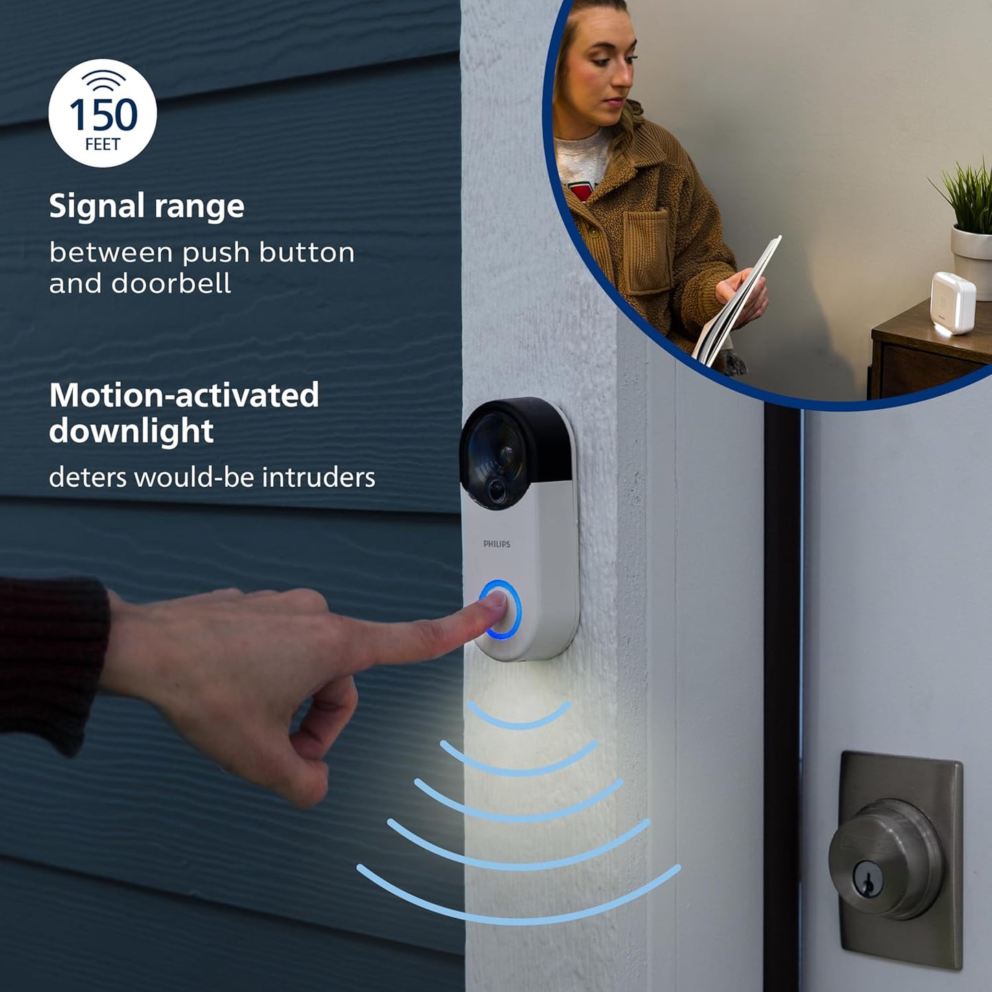 PHILIPS Wireless Security Doorbell Chime Kit, Decoy Doorbell Camera, Motion-Activated Light, Decoy Doorbell Home Security Cameras, Wireless Doorbell Chime, 150 Ft Range, White, DES6572WB/37