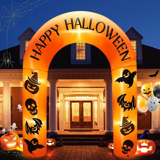 8 FT Giant Halloween Inflatable Pumpkin Arch Outdoor Decoration,Halloween Blow Up Archway Yard Decorations for Halloween Holidays Parties（Printing with Witch Hat Pumpkin and Skull, Bats