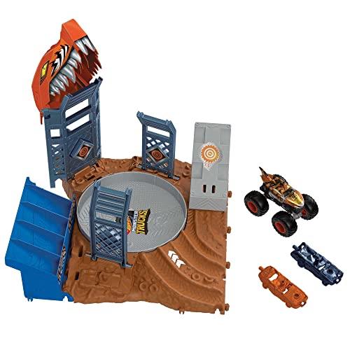 Hot Wheels Monster Trucks Arena Smashers Tiger Shark Spin-Out Challenge with a 1:64 Scale Tiger Shark and 2 Crushable Cars, HNB93