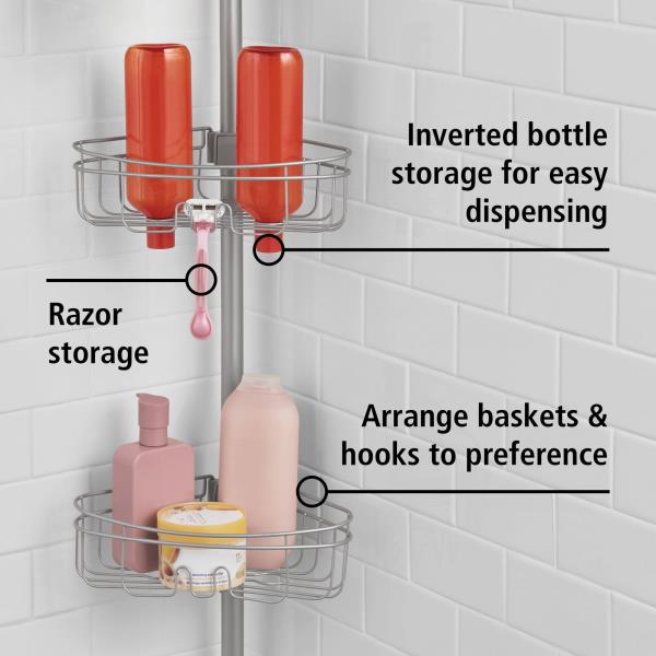 Tension Rod Shower Caddy, Rust-Resistant 3 Tier Corner Pole Caddy, 5 - 8 Ft.