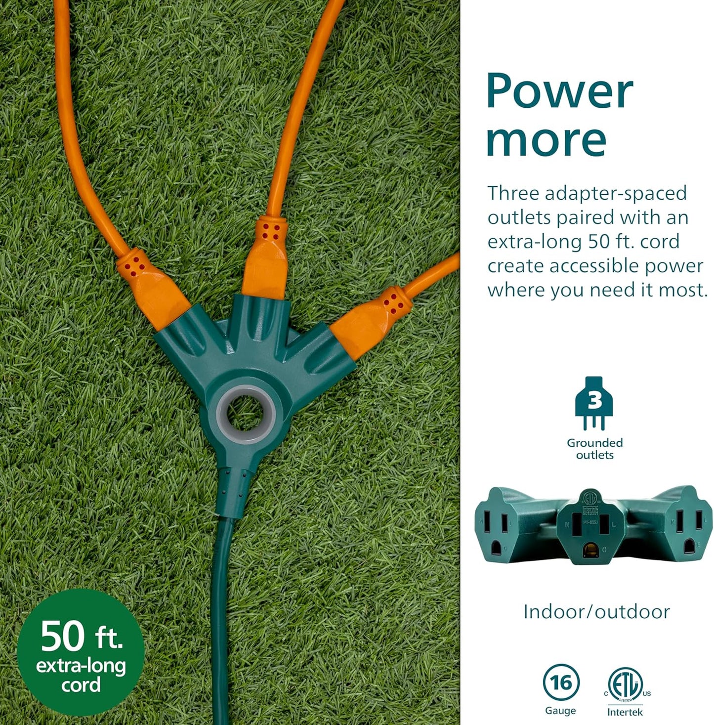 Philips Outdoor Extension Cord  3 Outlet  16 Gauge  13 Amps  50ft  Green