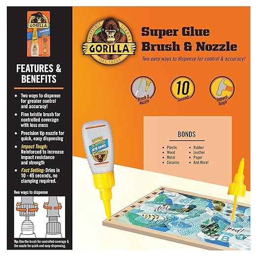 Gorilla Super Glue with Brush & Nozzle Applicator, 10 Gram, Clear, (Pack of 1)