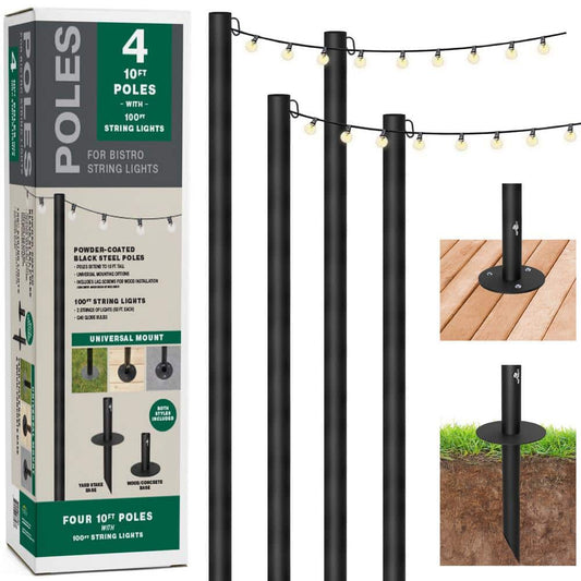 Four 10ft. Outdoor String Light Poles with 100-Light 100 ft. LED Plug-in Globe Bulb String Lights