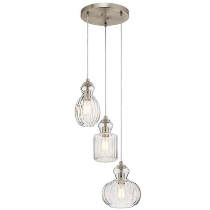 Riviera 3-Light Brushed Nickel Transitional Shaded Kitchen Cluster Pendant Hanging Light with Clear Ribbed Glass