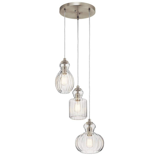 Riviera 3-Light Brushed Nickel Transitional Shaded Kitchen Cluster Pendant Hanging Light with Clear Ribbed Glass