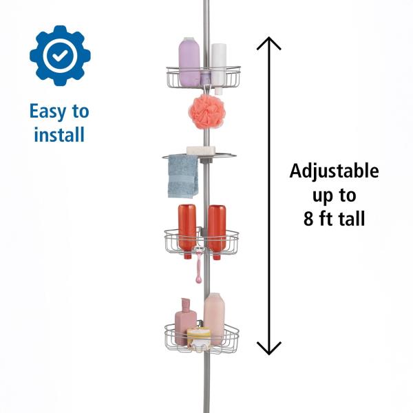 Tension Rod Shower Caddy, Rust-Resistant 3 Tier Corner Pole Caddy, 5 - 8 Ft.