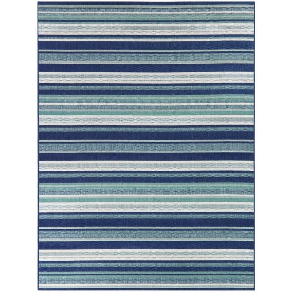 Blue/White 9 Ft. X 12 Ft. Striped Indoor/Outdoor Area Rug