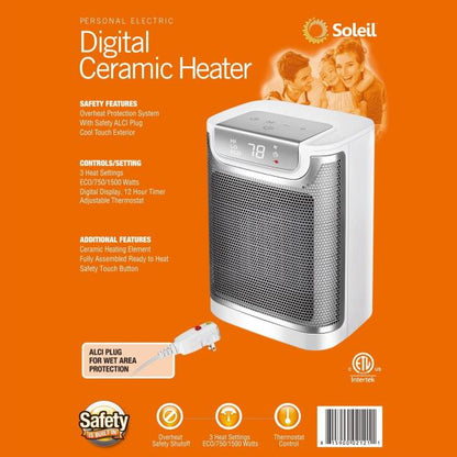 Soleil 1500W Ceramic Fan-Force Electric Space Heater ALCI Plug Indoor Use Only