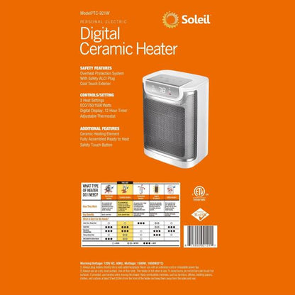 Soleil 1500W Ceramic Fan-Force Electric Space Heater ALCI Plug Indoor Use Only