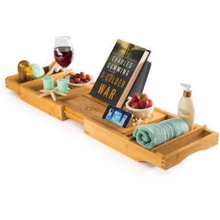 Bathtub Caddy Tray with Book and Wine Holder for a Spa Relaxing Bath with Extendable Arms