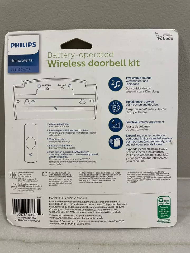 Philips Battery-Operated 2-Melody Doorbell Kit  White  6.45in  DES1120W/27